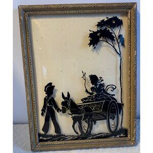 Vintage Reverse Painted Silhouette Art in Frame Convex Glass 9x7"
